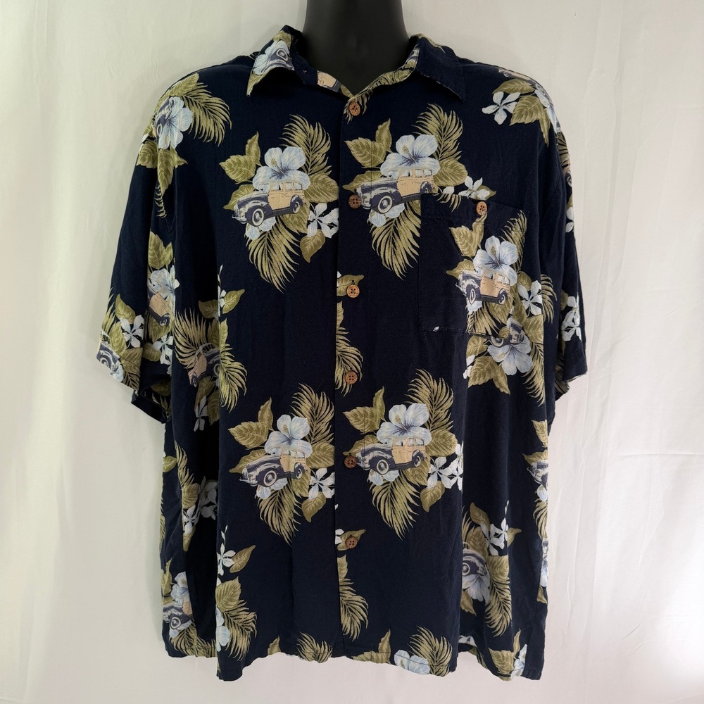 Puritan Mens XL Navy Blue Tropical Woody Car Hibiscus Rayon Aloha Camp Shirt